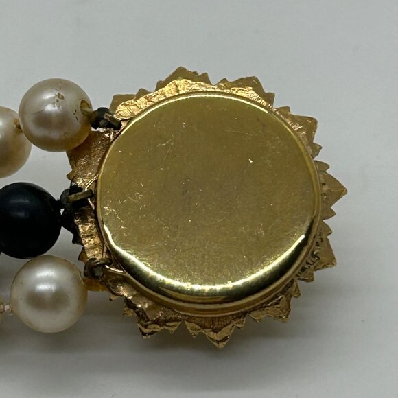 Vintage Double Strand Faux Pearl & Single Black Bead Necklace Floral Box Clasp - Picture 7 of 16